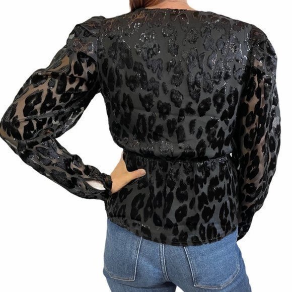 EXPRESS Metallic Leopard Wrap Front Bow Top Small - Picture 2 of 10